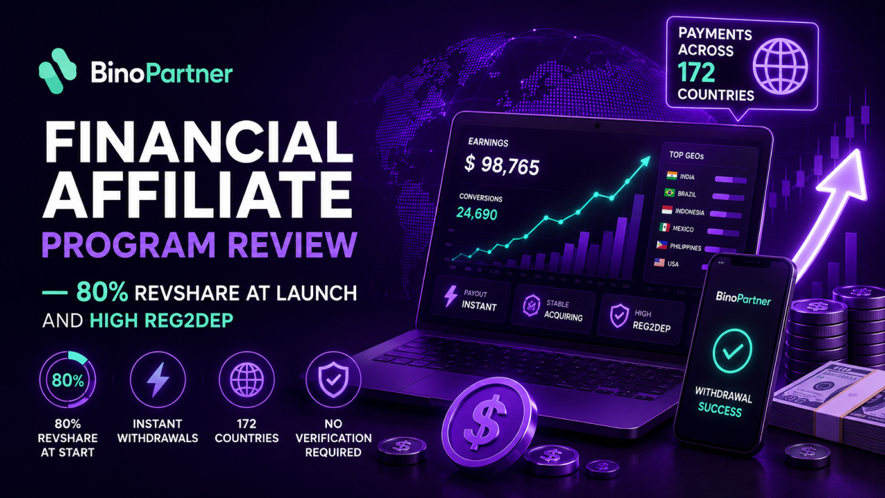 BinoPartner Financial Affiliate Program Review: Instant Withdrawals, 80% RS at Start, and No Caps