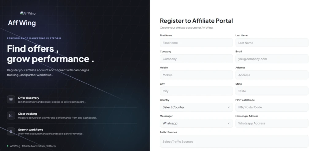 Aff Wing affiliate registration form with contact details, country, messenger, and traffic sources