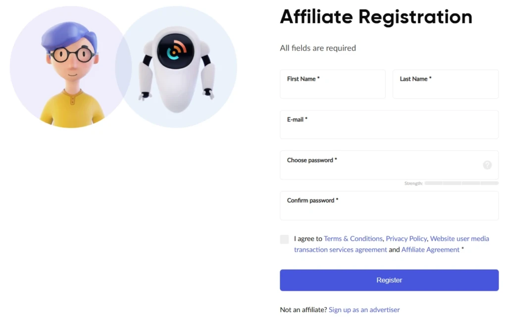 Affiliate registration on Marketcall’s international platform