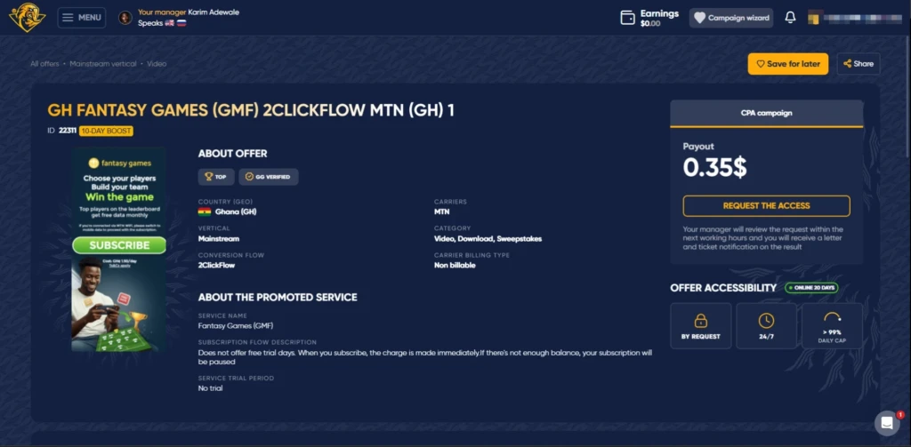 Golden Goose Fantasy Games offer for MTN Ghana with a two-click flow and a $0.35 CPA payout
