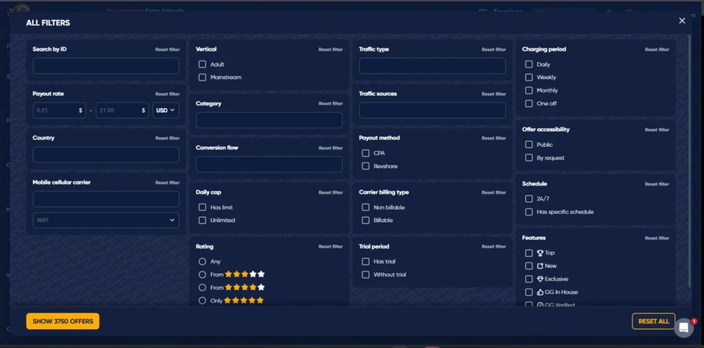 Golden Goose offer filters for country, carrier, conversion flow, payout model, and billing type