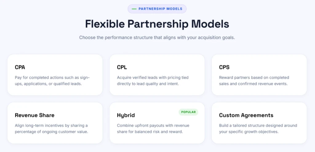 Aff Wing partnership models including CPA, CPL, CPS, revenue share, hybrid, and custom agreements