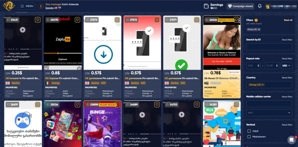 Golden Goose offer catalog showing payouts, countries, mobile carriers, and subscription flows